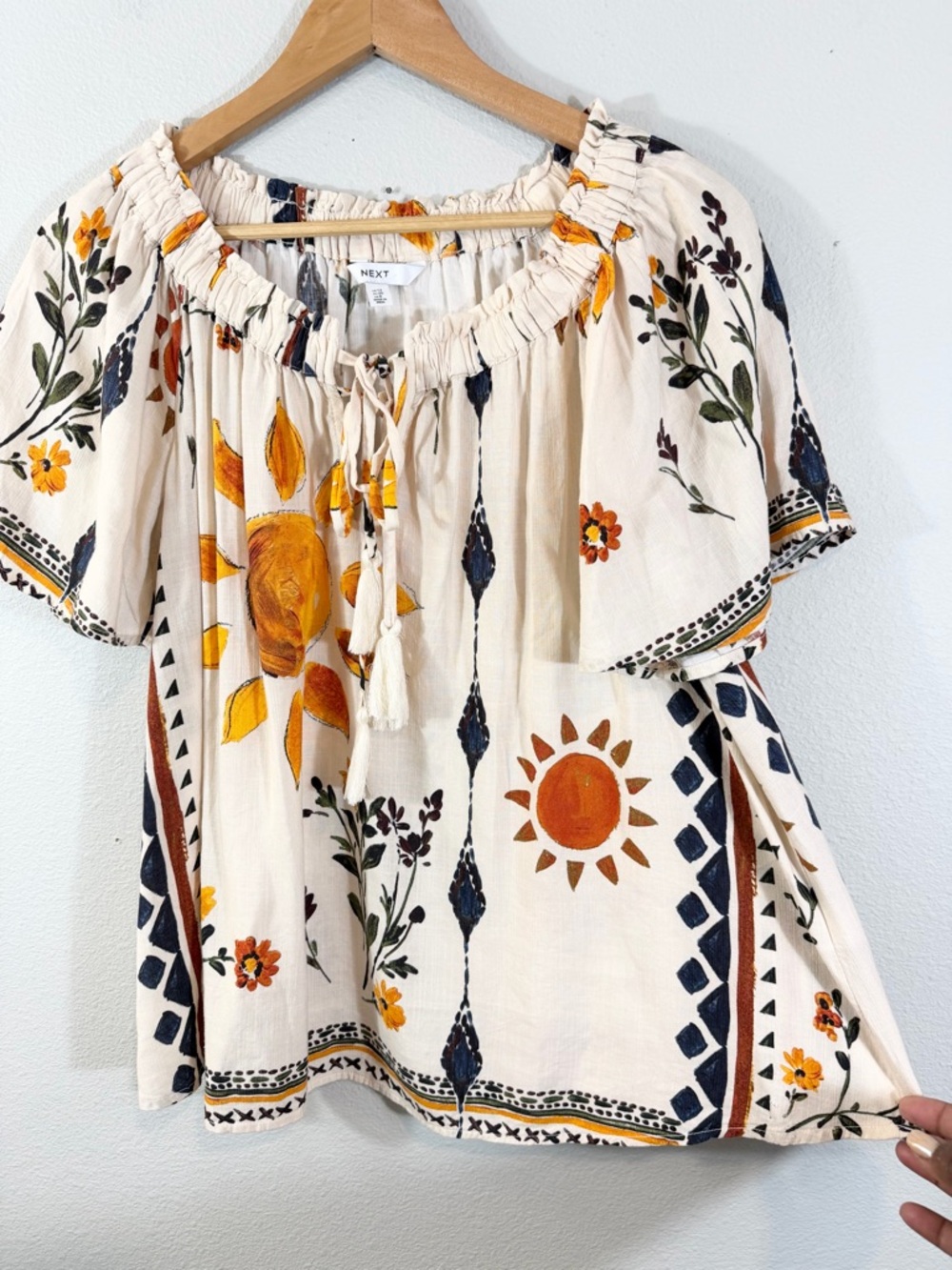 Next Floral Print Linen Blend Top Size US 8 Cream Sunshine Boho Off Shoulder - Picture 3 of 12